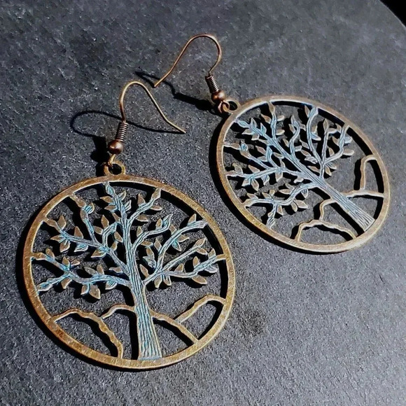 Antique Copper Verdigris Blue Green Patina Open Tree of Life Earrings - Picture 2 of 7